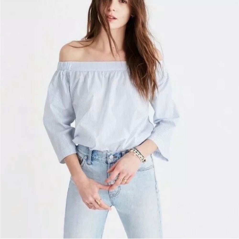 Madewell white and blue striped off the shoulder top size small